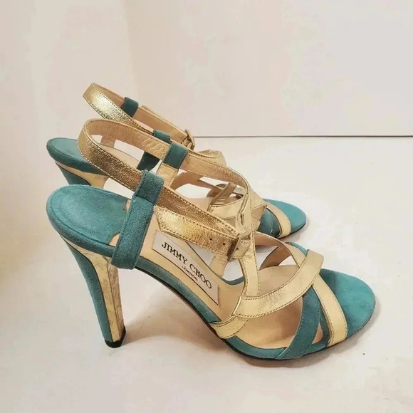 Jimmy Choo Gold and Teal Higheel Sandals Size 36.5 - Picture 5 of 7